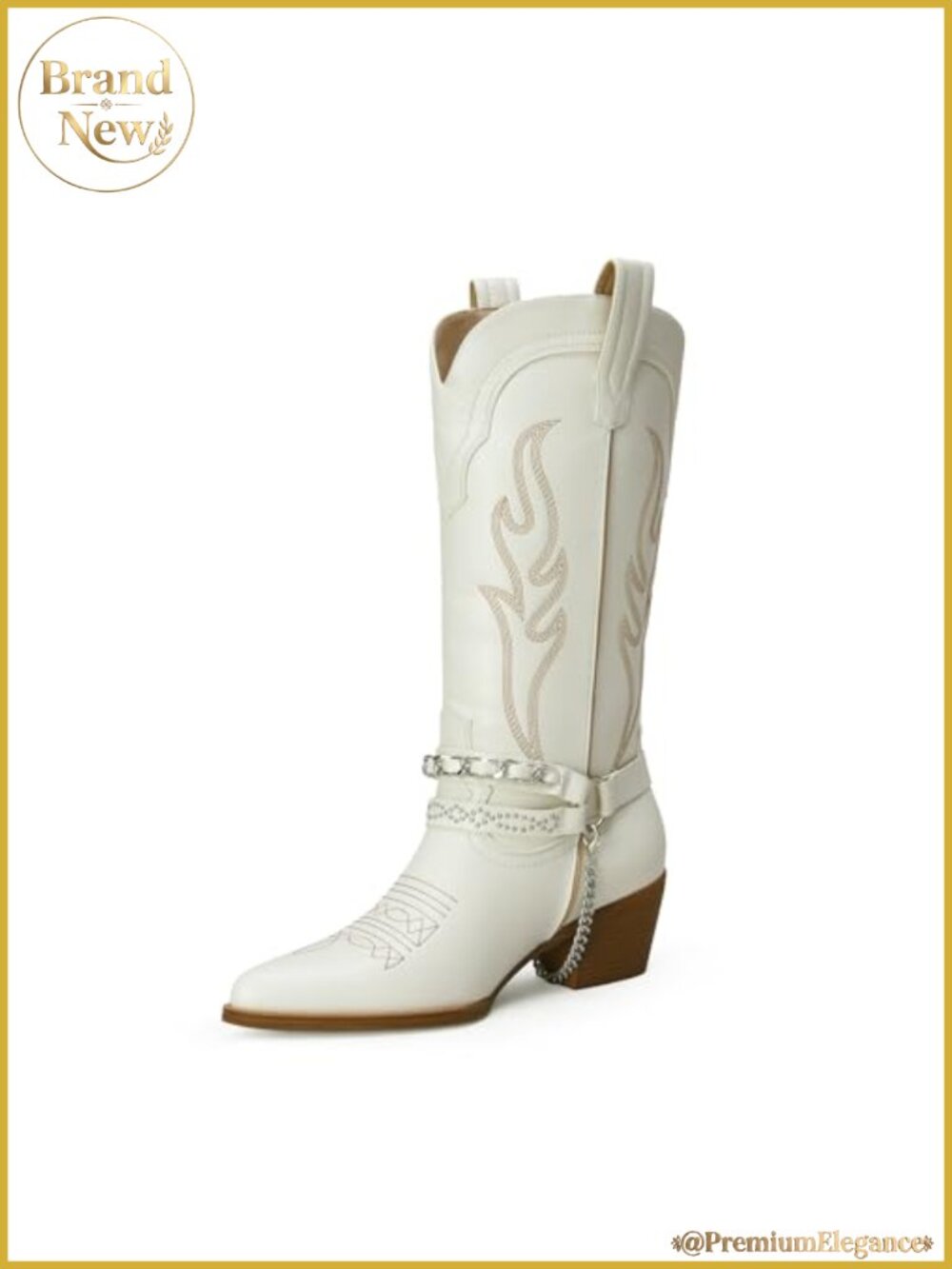 Women's Western Cowboy Boots with Chain Embroidered Pointy Toe Chunky Heel